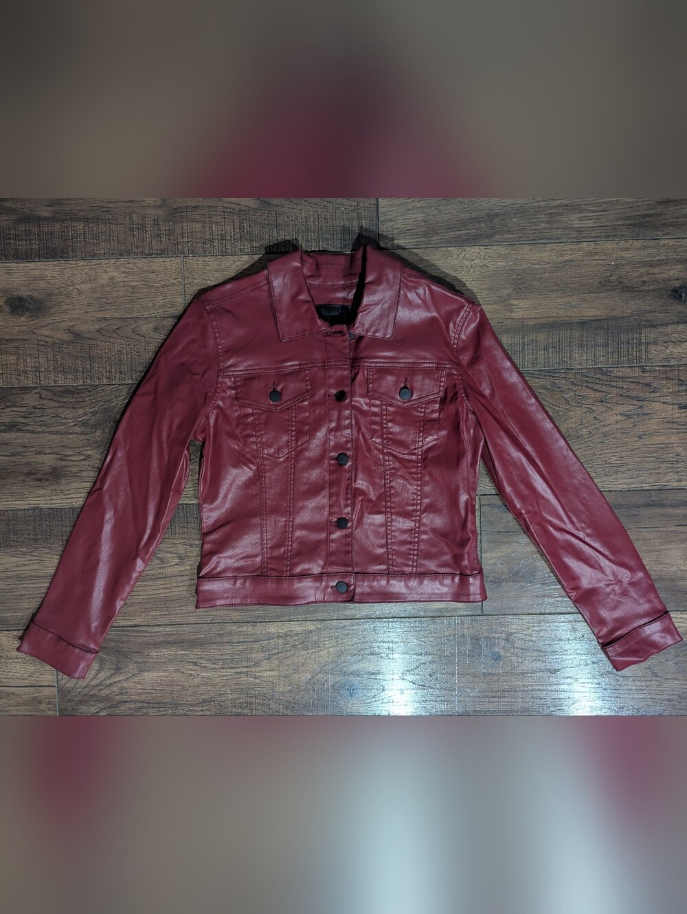 Kut From The Kloth Burgundy Wine Faux Leather Cropped Jacket Black Button Sz Med